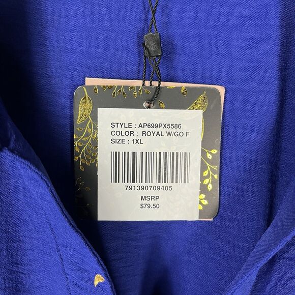 Alex & Parker Women 1X Blue Maxi Midi Dress Gold Print Stretch Button Boho Chic - Picture 4 of 9